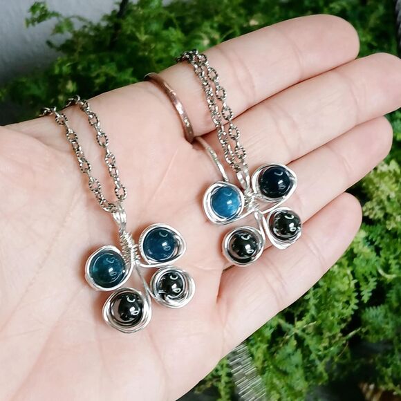 Blue Apatite & Hematite Crystal Butterfly Pendant Necklace, Gemstone Jewelry 16" - Picture 3 of 3